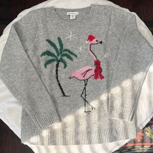 cupcakes & cashmere Gray Flamingo Holiday Sweater